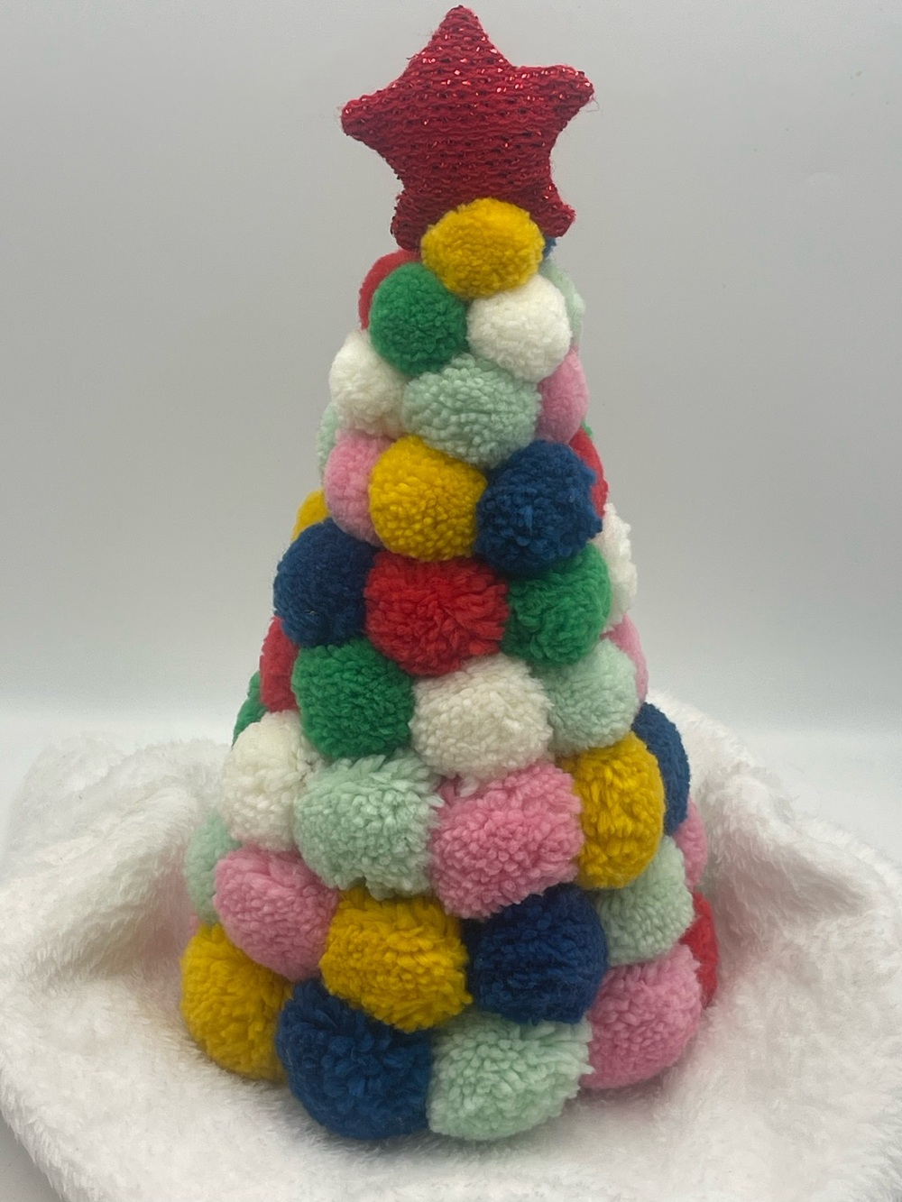 Yarn Pom Pom Multicolor Christmas Tree Vintage 14” Cone Shape Topped w/ Red Star